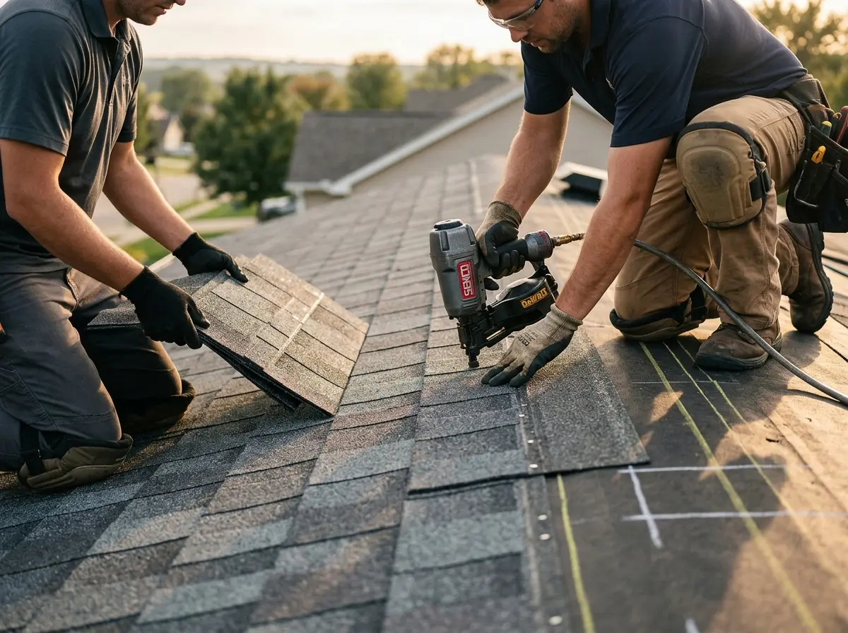 Professional roofer working on a residential roof in Pacific